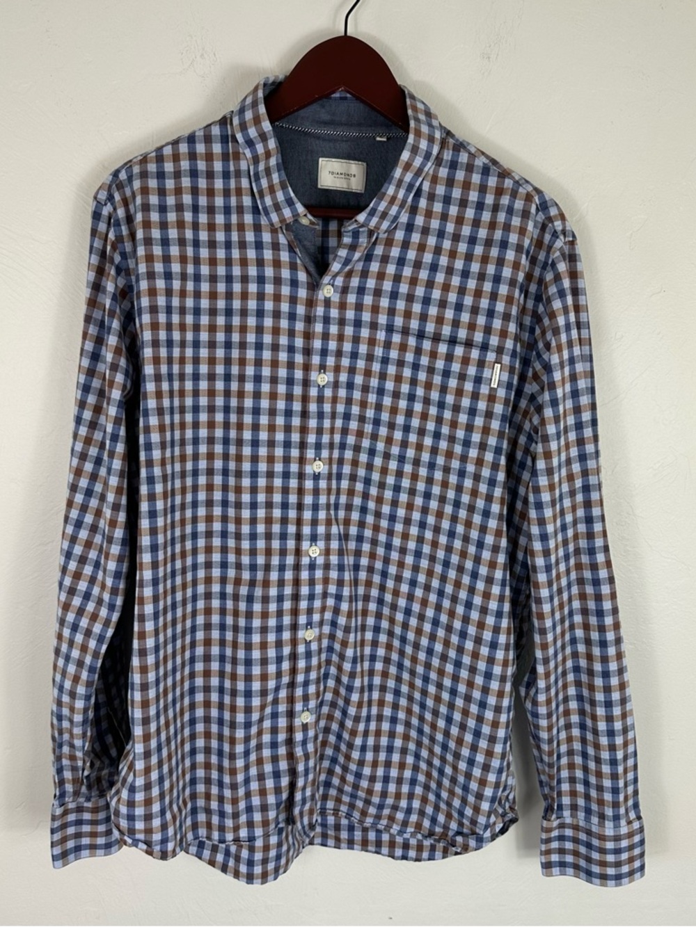 7 Diamonds Light Blue & Brown Checked Cotton Long Sleeve Button-Down Shirt XL